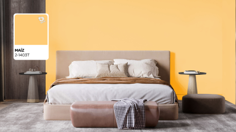 color berel 2025 amarillo maiz en recamara beige
